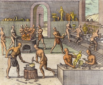De werkplaats van de goudsmeden van Atahualpa in Quito, uit een verslag van Girolamo Benzoni, uit 