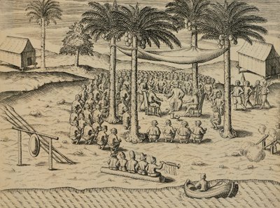 Welkom van inheemse Afrikaanse inboorlingen, illustratie uit Indiae Orientalis door Antonio Pigafetta, door Theodore de Bry door Theodore de Bry