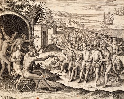 Verwelkoming van de Nederlanders (gravure) door Theodore de Bry