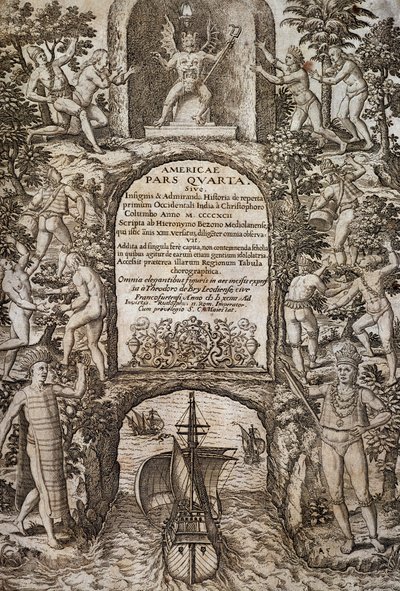 West-Indië of Amerika, frontispice, gravure door Theodore de Bry