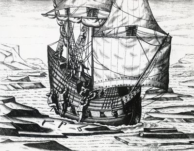 Schip van William Barents tijdens derde Nederlandse expeditie op zoek naar de Noordoostelijke Doorvaart, gravure door Theodore de Bry