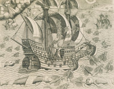 Gevleugelde vis uit de zeeën van de Indiën, illustratie uit Amerikaanse geschiedenis door Theodore de Bry
