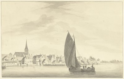 Het dorp Gouderak met op de voorgrond een zeilend schip door Theodorus Cornelis Schutter