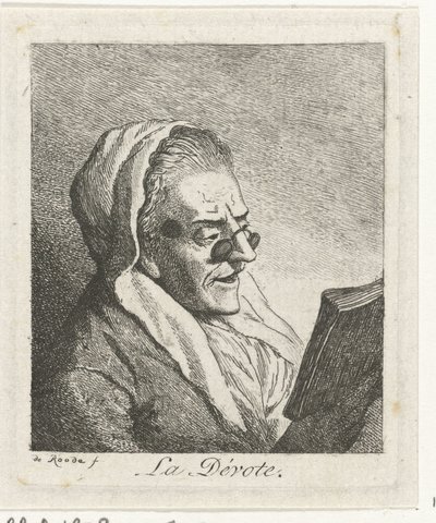 Lezende oude vrouw met knijpbril door Theodorus de Roode