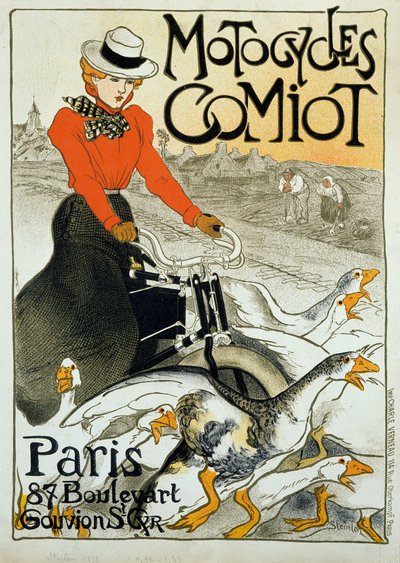 Reclameposter voor Comiot-motorfietsen. Een jonge vrouw op een bromfiets rijdt tussen een groep ganzen door Théophile Alexandre Steinlen