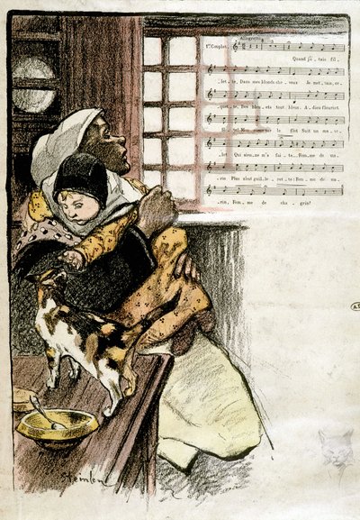 Kind in de armen van een vrouw die met een kat speelt, ill. Steinlen voor bladmuziek, 19e eeuw door Théophile Alexandre Steinlen