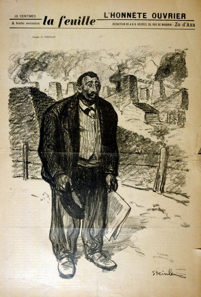 Tekening van een arme fabrieksarbeider tegen een industrieel landschap, door Alexandre Steinlen (1859-1923), een Zwitsers-Franse Art Nouveau schilder en graficus door Théophile Alexandre Steinlen