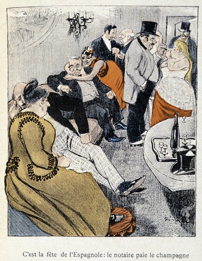 Filles et Marlous: Het is het feest van de Spanjaarden: de notaris betaalt de champagne - in "Dans la vie", door Steinlen 1901 door Théophile Alexandre Steinlen