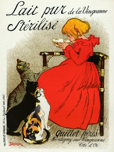 Voedsel en Drank. Vingeanne melk. Meisje met katten. Poster door Steinlen, Frankrijk, c.1890 door Théophile Alexandre Steinlen