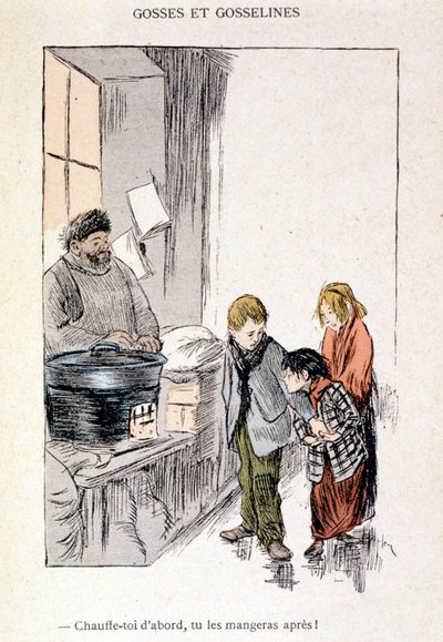 Kinderen en Gosselines: Warm jezelf eerst op, je eet ze daarna! in "In het Leven", door Steinlen 1901 door Théophile Alexandre Steinlen