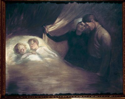 Arme mensen Een paar ouders van bescheiden omstandigheden fluisteren terwijl ze hun slapende kinderen bekijken door Théophile Alexandre Steinlen