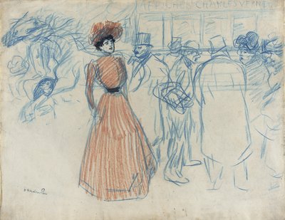 Vrouw bij de bushalte door Théophile Alexandre Steinlen