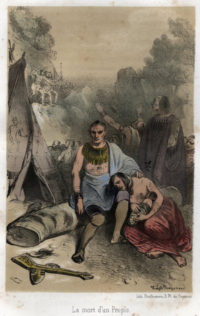 De Hurons vermoord door de Iroquois in Canada in 1763. Gravure uit 1845 in 