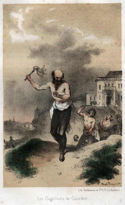 De geselaars van Coimbre: de Jezuïeten van Coimbra in Portugal boeten in het openbaar voor hun zonden door zichzelf te geselen rond 1560 door Theophile Evariste Fragonard
