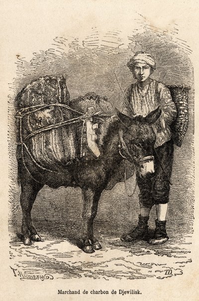 Een kolenhandelaar, met zijn ezel, in Djewilisk (Noord-Anatolië), gegraveerd naar een tekening van de verteller, ter illustratie van een reis in Lazistan en Armenië, van 1869, door Theophile Deyrolle, gepubliceerd in 