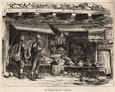 Een kruidenierswinkel in Erzeroum (Armenië), gegraveerd naar een tekening van de auteur, ter illustratie van de reis in Lazistan en Armenië, door Theophile Deyrolles, in 1869, gepubliceerd in 
