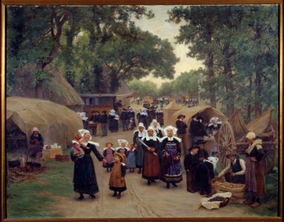 De aankomst bij de Pardon de Fouesnant Bretonse families in traditionele klederdracht door Theophile Louis Deyrolle