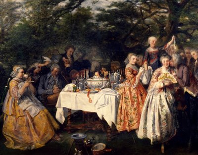 Picknick op het platteland, in de tuin van een herberg aan de rand van Straatsburg, circa 1750 door Theophile Schuler