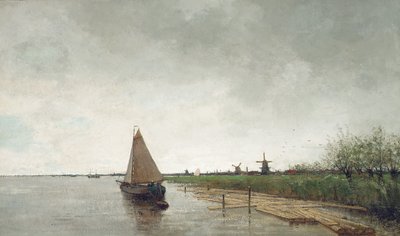 Een rivierlandschap met schepen, een stad daarachter door Theophile de Bock