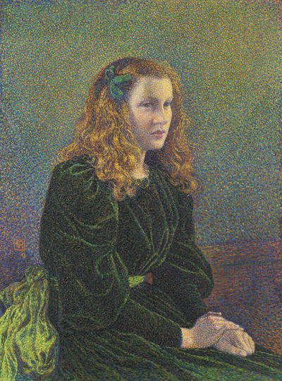 Jonge vrouw in groene jurk Germaine Maréchal, 1893 door Théo van Rysselberghe