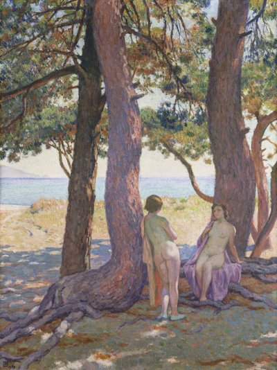 Twee naakten onder pijnbomen door Théo van Rysselberghe