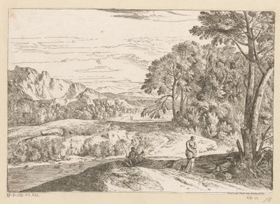 Arcadisch landschap met een visser bij een beek door Théodore