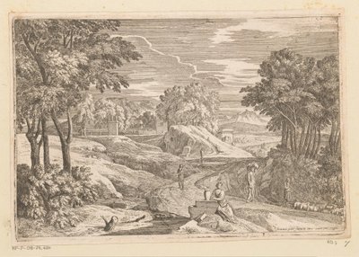Arcadisch landschap met een vrouw bij een vaas gezeten en overige figuren door Théodore