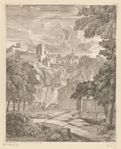 Arcadisch landschap met een waterval en een vrouw onder een boom door Théodore