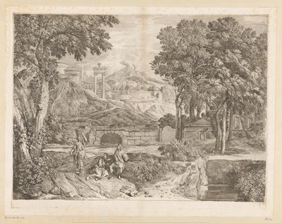Arcadisch landschap met twee mannen en een fruit-dragende vrouw door Théodore