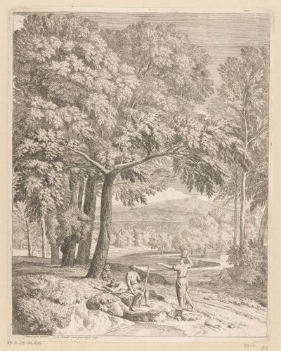 Arcadisch landschap met twee mannen en een korfdragende vrouw door Théodore