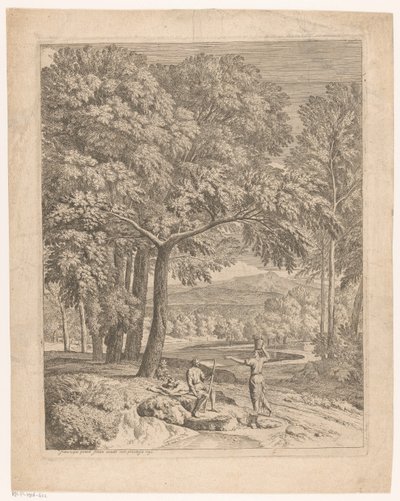 Arcadisch landschap met twee mannen en een korfdragende vrouw door Théodore