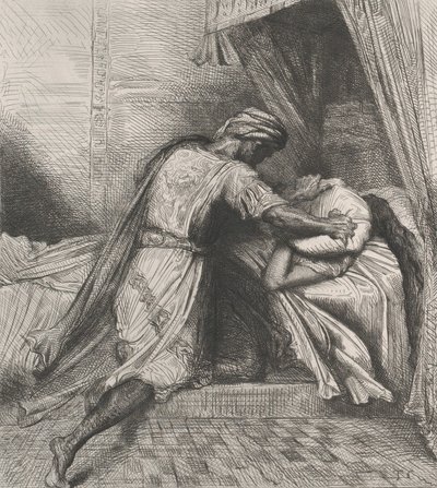 Hij verstikt haar: plaat 13 uit Othello Act 5, Scene 2, geëtst 1844, herdrukt 1900 door Théodore Chassériau