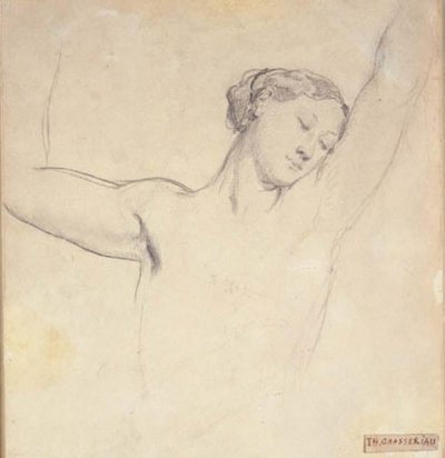 Vrouwelijk model, halve figuur met opgeheven armen door Théodore Chassériau
