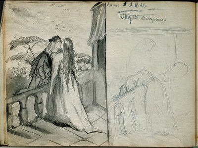 De geliefden Romeo en Julia Illustratie van het gelijknamige stuk van William Shakespeare (1564-1616) die geliefden toont die elkaar kussen op het balkon. Schets door Théodore Chassériau (1819-1856) Parijs. Louvre Museum door Théodore Chassériau