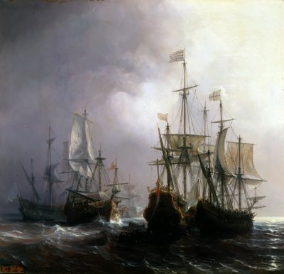 Verovering van drie Nederlandse handelsvaartuigen door de Franse schepen Fidèle, Mutine en Jupiter door Jean Antoine Theodore Gudin