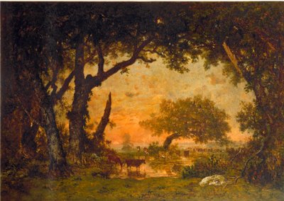 Uitgang van het bos in Fontainebleau, zonsondergang door Pierre Etienne Theodore Rousseau