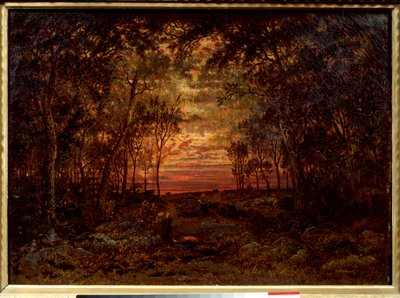 Zonsondergang in het bos door Pierre Etienne Theodore Rousseau