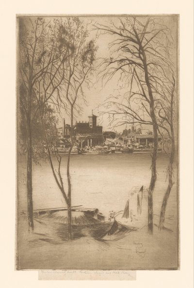 Gezicht op een rivier met haven en industrie door Théodore Roussel (signed by artist)