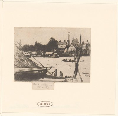 Gezicht op rivier met boten door Théodore Roussel (signed by artist)