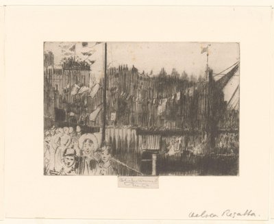 Stadsgezicht met figuren op met vlaggen versierde kade door Théodore Roussel (signed by artist)