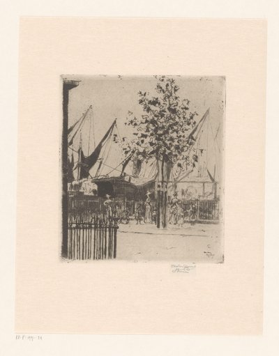 Straatgezicht met Figuren bij een Haven door Théodore Roussel (signed by artist)