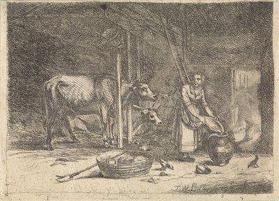 Koeienstal met melkmeid door Théodore Wynant Stallenbergh