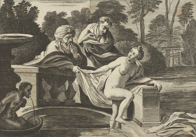Susanna, gedeeltelijk naakt en uit een fontein stappend met twee ouderlingen links, een o..., ca. 1656-60 door Théodorus van Kessel