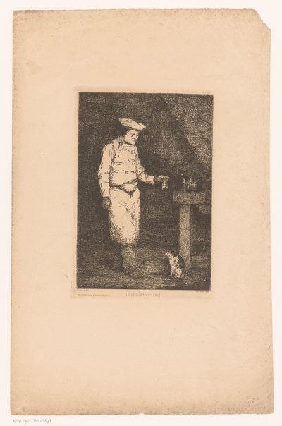 Donker interieur met een kok die een stuk vlees ophoudt voor een kat door Théodule Augustin Ribot