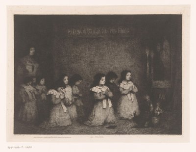 Groep meisjes in gebed voor een Mariabeeld door Théodule Augustin Ribot