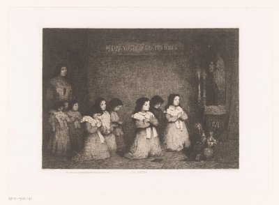 Groep meisjes in gebed voor een Mariabeeld door Théodule Augustin Ribot