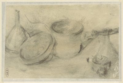 Schets van een stilleven van pannen en een fles door Théodule Augustin Ribot