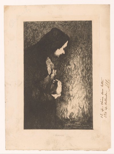 Staande vrouw kijkend naar brandend dorp op de achtergrond door Théodule Augustin Ribot