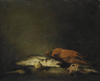 Stilleven met vissen en een kreeft door Théodule Augustin Ribot