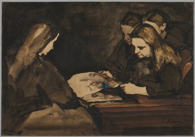 Vier meisjes bestuderen een tekening, 1876 door Auguste Theodule Ribot